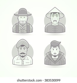 American cowboy, Asian village man, Indian man, hipster. Character icon, people avatar, person. Flat character, vector cartoon people, stylish avatar.