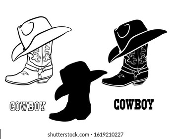 American Cowboy boots and hat. Vector set graphic illustration of western cloth isolated on white 