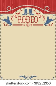 American cowboy bull rodeo poster.Vector western paper background for text or design.Cowboy riding wild bull