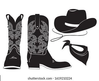 American cowboy clothes. Vector black graphic illustration of western boot cowboy hat and bandanna isolated on white for design