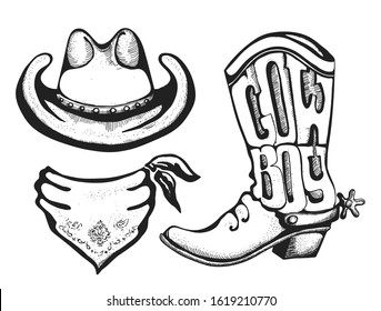 American cowboy clothes. Vector western boot cowboy hat and bandanna isolated on white for design