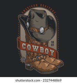 Volante vintage colorido de vaquero americano con sombrero y botas de cuero para cazador de Texas o para competidor de rodeo ilustración vectorial