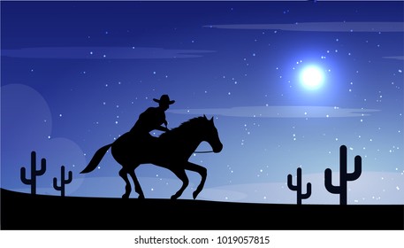 American Cowboy with horse Wild West Moon night landscape background