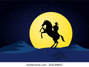 American Cowboy with horse Wild West Moon night landscape background