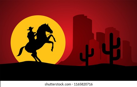 American Cowboy with horse Wild West sunset landscape background