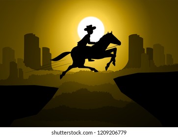 American Cowboy with horse Wild West Moon night landscape background