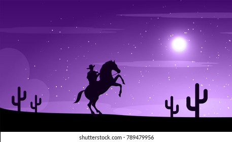 American Cowboy with horse Wild West Moon night landscape background