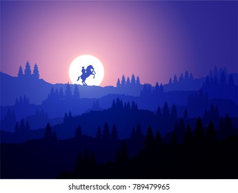 American Cowboy with horse Wild West sunset landscape background