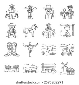 Las ilustraciones de American Cowboy, Cowboy con varios personajes, caballos y Elementos occidentales evocan el sentido de la aventura y la tradición