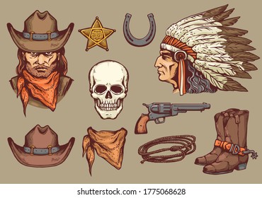 American cowboy and indian man western Wild West retro design elements with skull, cowboys clothes and gun, sketch cartoon vector illustration isolated on background.