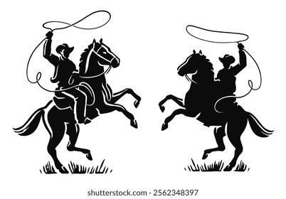 American cowboy with lasso on horse. Ranch, cattle breeding, rodeo symbol or emblem. Silhouette vector illustration