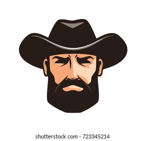 American cowboy logo or label. Sheriff, wrangler, rodeo symbol. Cartoon vector illustration svg