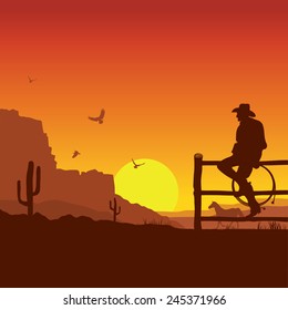 American Cowboy On Wild West Sunset Landscape In The Evening.Vector Illustration