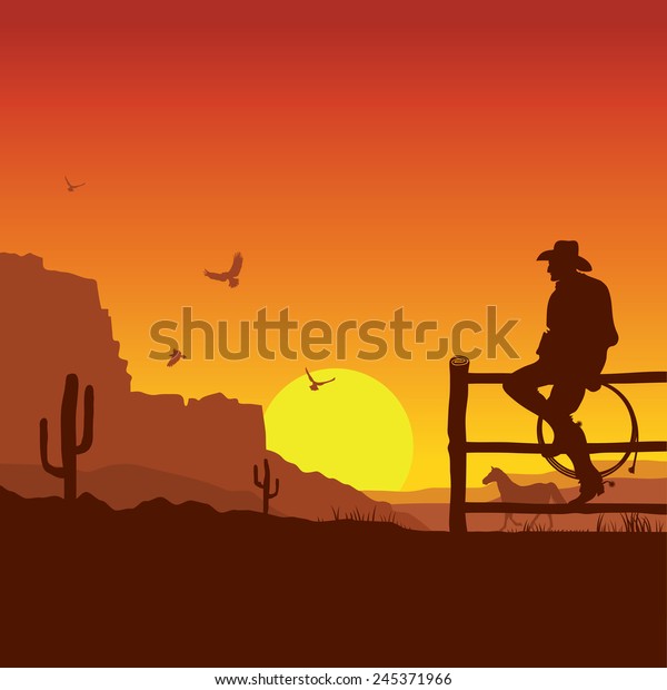Immagine Vettoriale Stock 245371966 A Tema American Cowboy Su Selvaggio Paesaggio Tramonto Royalty Free