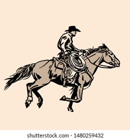 American cowboy riding horse with hat and lasso. Hand drawn vector illustration. Hand sketch. Illustration.