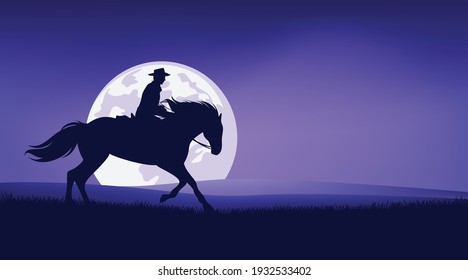 american cowboy riding horse in prairie against full moon - legend wild west scene silhouette landscape vector design