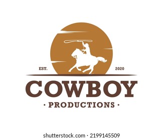American cowboy riding horse in the sunset or sunrise and throwing lasso illustration symbol icon logo vector.