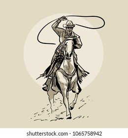 American cowboy riding horse and throwing lasso. Hand drawn vector illustration. Hand sketch. Illustration.