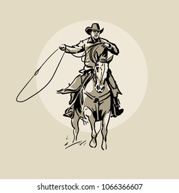 American cowboy riding horse and throwing lasso. Hand drawn vector illustration. Hand sketch. Illustration.