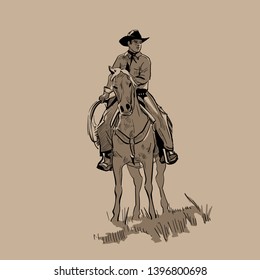 American cowboy riding horse and throwing lasso. Hand drawn vector illustration. Hand sketch. Illustration.