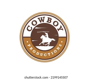 American cowboy riding horse and throwing lasso illustration symbol icon logo vector.