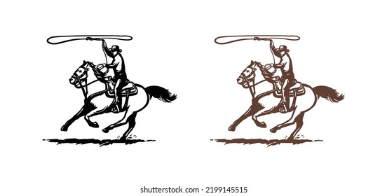 American cowboy riding horse and throwing lasso illustration symbol icon logo vector.