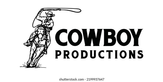 American cowboy riding horse and throwing lasso illustration symbol icon logo vector.