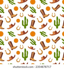 Patrón de vaquero estadounidense sin costura. Boas de vaquero, sombrero, herradura, cactus de peyote, sol. Rodeo, oeste salvaje, oeste, estilo boho. Vector. Para imprimir, textil, papel envasado, póster