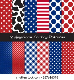 American Cowboy Seamless Pattern Pack with Cow Skin Print and Patriotic Red, White, Blue Stars, Stripes, Gingham and Polka Dots. Perfect for 4th of July BBQ. Pattern Swatches made with Global Colors.