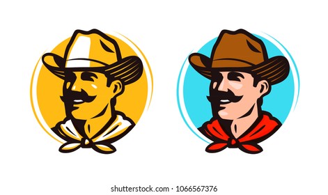 American cowboy, sheriff logo or label. Farmer, grower, farm icon. Cartoon vector illustration