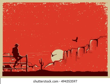 American cowboy sitting on fence .Ranch background for text or design