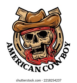 american cowboy skull. horseshoes emblem logo. t shirt hand drawing retro vintage vector illustration