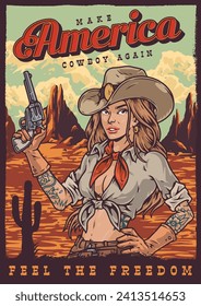 American cowboy vintage flyer colorful with woman holding revolver and inviting to visit free wild west vector illustration