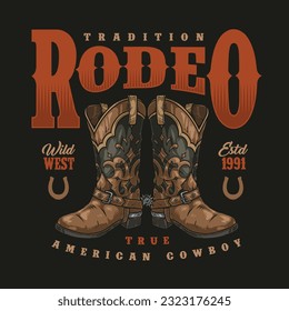 American cowboy vintage poster colorful with leather traditional rider boots to advertise wild west style rodeo event vector illustration