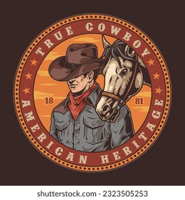 American cowboy vintage sticker colorful with man near horse for rodeo show promotional products or ranch invitation vector illustration