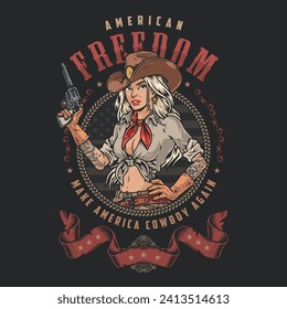 American cowboy vintage sticker colorful with armed woman with revolver in hands dressed in style wild west vector illustration
