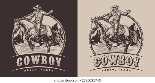 American cowboy vintage sticker monochrome with skillful guy sitting on horse participating in dangerous sports in Texas vector illustration