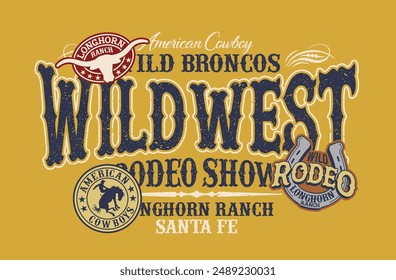 American cowboy wild bucking horse western rodeo vintage vector print for boy kid t shirt with embroidery patches grunge effect in separate layers