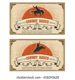American Cowboy wild horse rodeo.Vector cards isolated on white