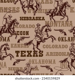 American cowboys pattern seamless colorful with men riding horses and revolvers near USA city names vector illustration