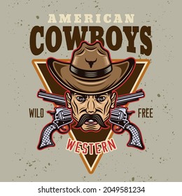 American cowboys vector vintage round emblem, label, badge or logo in colorful cartoon style on light background