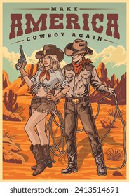 American cowboys vintage poster colorful with man and woman from wild west standing in hot desert vector illustration