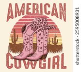 American cowgirl. western cowgirl vintage print design, western desert design for t shirt, sticker, poster, graphic print, vintage floral design,  cowgirl t shirt design, American desert.