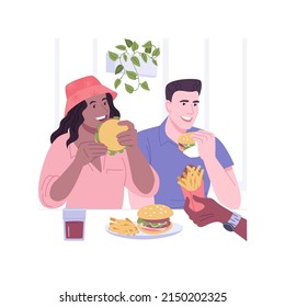 American cuisine isolated cartoon vector illustrations  Smiling couple having fun   eating out burgers   french fries in cafe together  junk food addiction  hanging out vector cartoon 