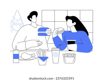 American cuisine isolated cartoon vector illustrations. Smiling couple having fun and eating out burgers and french fries in a cafe together, junk food addiction, hanging out vector cartoon.