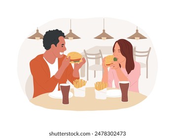 American cuisine isolated cartoon vector illustrations. Smiling couple having fun and eating out burgers and french fries in a cafe together, junk food addiction, hanging out vector cartoon.