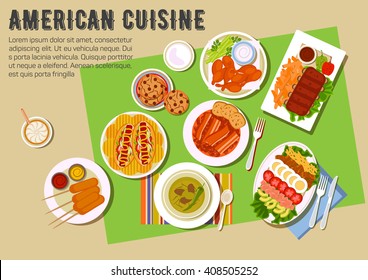 American cuisine menu with grilled ribs, chicken legs, bell pepper, french fries, sauces, hot dogs and kebabs with mustard and ketchup, cobb salad with avocado, cheese, meat and eggs, olives