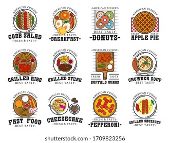 American cuisine restaurant isolated icons of vector food and drink. Thin line fast food burger, cheeseburger and hamburger sandwiches, grilled beef ribs, hot dog and fries, chicken, soup and salad