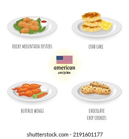 American Cuisine (rocky Mountain Oyster, Crab Cake, Buffalo Wings, And Chocolate Chip Cookies) In White Isolated Background. Food Concept Vector Illustration