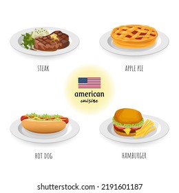 American cuisine (steak, apple pie, hot dog and hamburger) in white isolated background. Food concept vector illustration